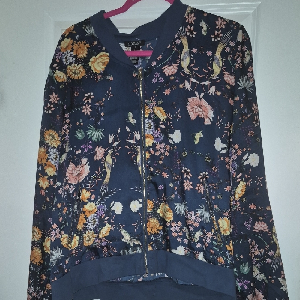 Blue and Yellow Floral Bomber Jacket with Ribbed Cuffs